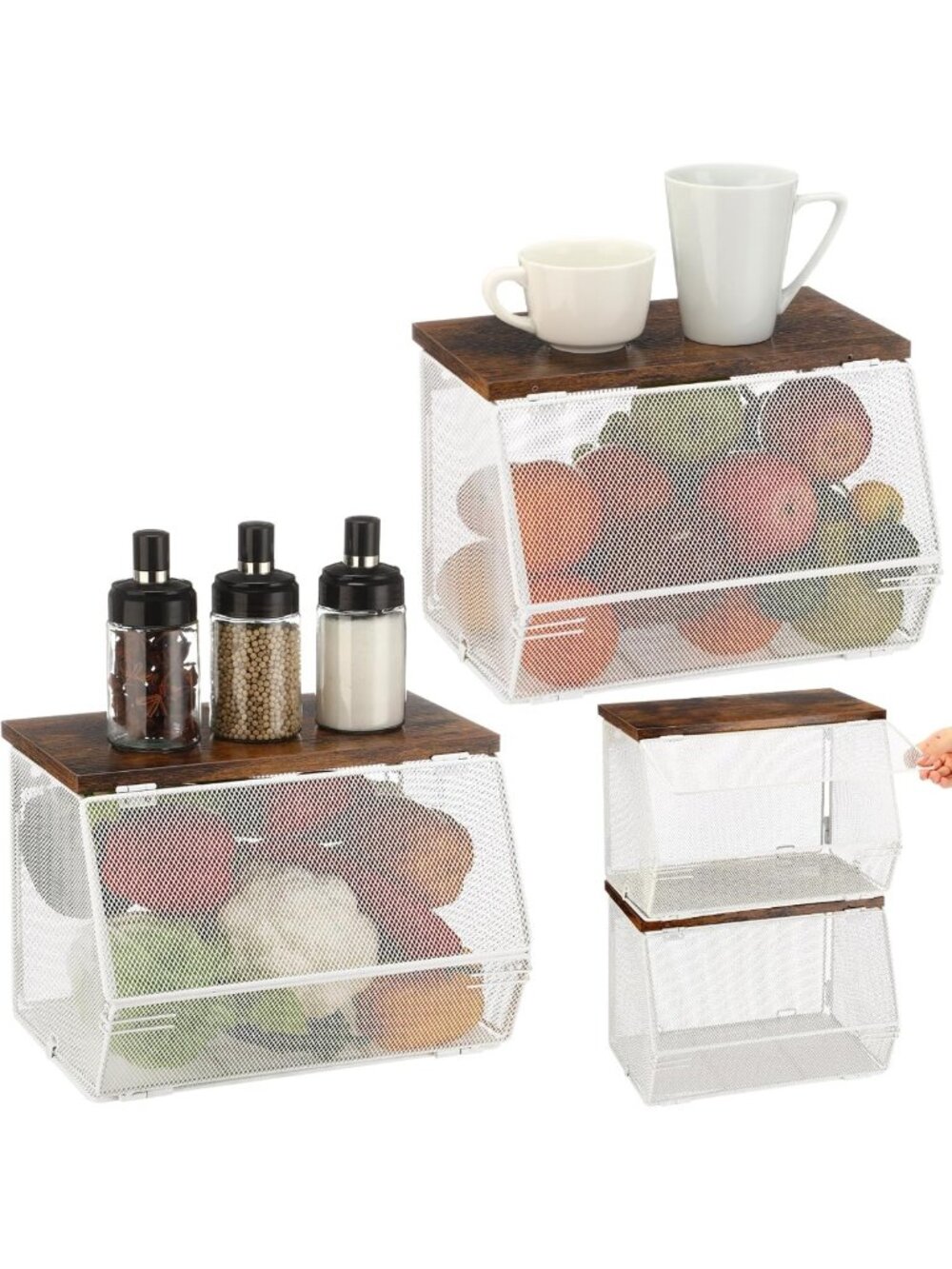 Stackable Mesh Fruit Baskets with Lid - Metal Wire Vegetable Storage Containers